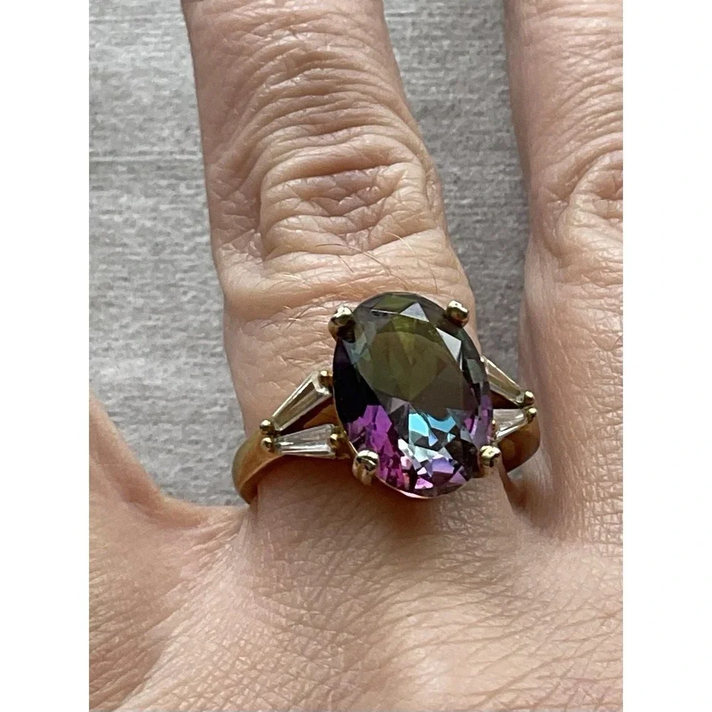 925 Sterling Silver Gold Vermeil Mystic Topaz Ring Size 7.75 Vintage Estate